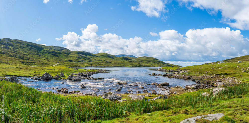 Wide panoramic landscape on Isle of Lewis and Harris, Scotland, UK