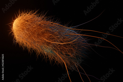 A flagellated bacteria or microbe, 3d rendering medical illustration. E coli or other bacterial microorganism photo