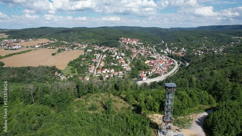 Bilovice nad Svitavou, church and city center, Czech republic,Europe,Lookout tower u Lindusky,Rozhledna u Lindušky,aerial scenic panorama landscape view, cinematic,Moravia photo