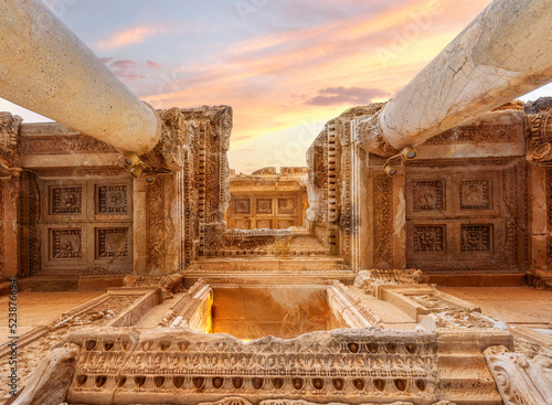 Ephesus ancient city of izmir and famous landmark celsus library close up low shot touristic destination photo