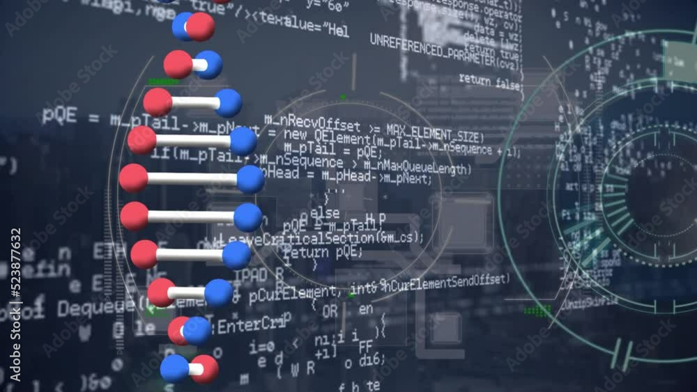 Animation of dna structure spinning and scope scanning over data processing against grey background Animation of dna structure spinning and scope scanning over data processing against grey background
