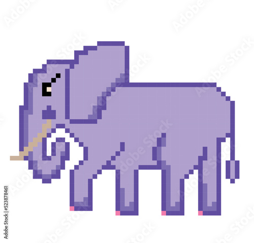 Pixel style fashion elephant isolated vector illustration. Cartoon pixel design. Purple pixel elephant for a game. Embroidering scheme of animal pixel art. Baby or big elephant. Graphic happy alphabet