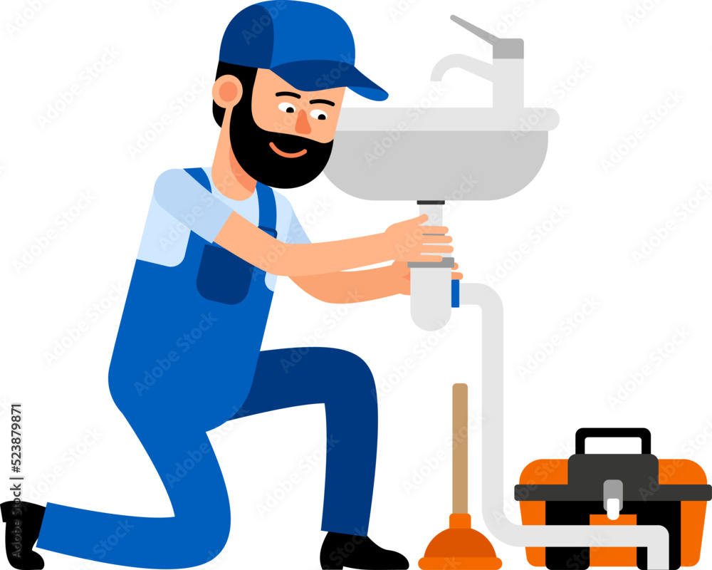 Plumber is repairing a kitchen sink piping. Plumbing work. Vector illustration. Plumber is repairing a kitchen sink piping. Plumbing work. Vector illustration.