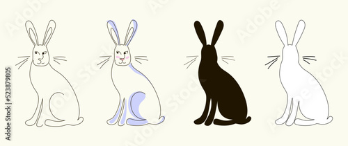 Set of four bunnies - in the style of one continuous line  doodle  outline and black silhouette. Animal. Symbol of the year 2023. Stock vector illustration  isolated on white background