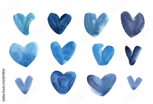A set of bright blue hearts, watercolor hearts, blue, purple,abstract strokes,spots in the form of hearts