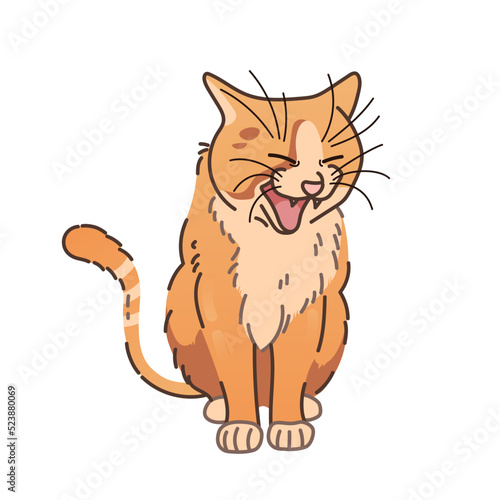 Yawning red cat. Cute animal in cartoon style. Funny vector illustration isolated on white background.