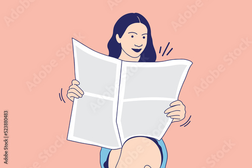 Illustrations of Beautiful young woman reading a newspaper in the morning