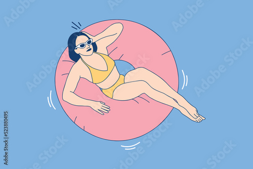 Illustrations of Beautiful woman in yellow swimsuit having fun on float in a pool on summerday