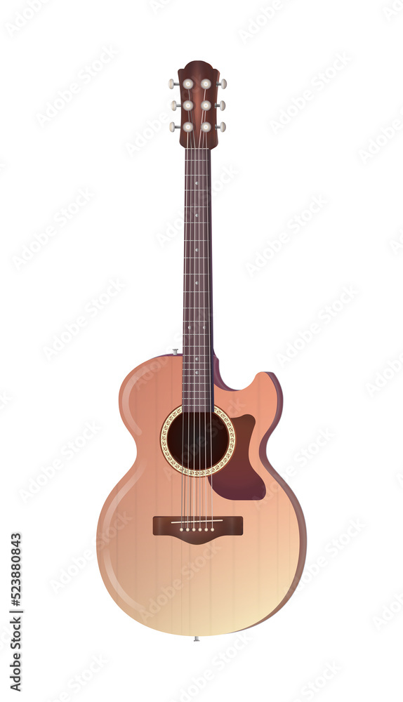 Acoustic guitar yellow color. 3D realistic illustration isolated on white background.
