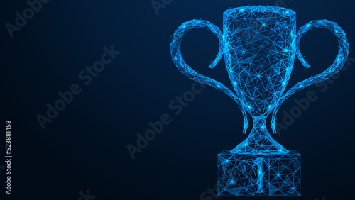 Championship prize cup for the first place. Low-poly design of interconnected lines and dots. Blue background.