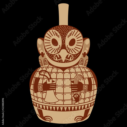 Ancient Peruvian vessel in a shape of owl. Native American art of Mochica Indians. Moche pottery. Totem bird holding human head and an axe.On black background.