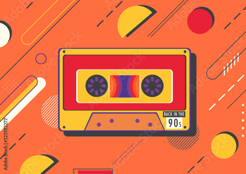 Colorful bright retro background with a retro cassette tape and an inscription back to the 90s.