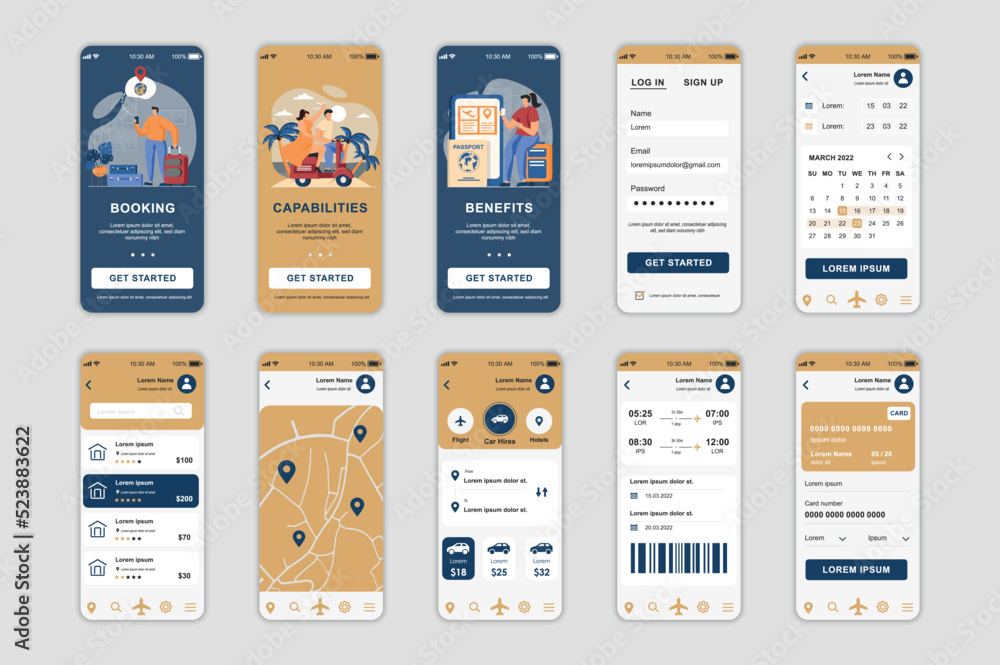 Booking concept screens set for mobile app template. People order taxi, buy plane tickets and tourist trips online. UI, UX, GUI user interface kit for smartphone application layouts. Vector design - obrazy, fototapety, plakaty 
