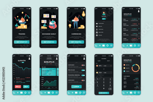 Crypto exchange concept screens set for mobile app template. People trade cryptocurrency, analyze and manage accounts. UI, UX, GUI user interface kit for smartphone application layouts. Vector design
