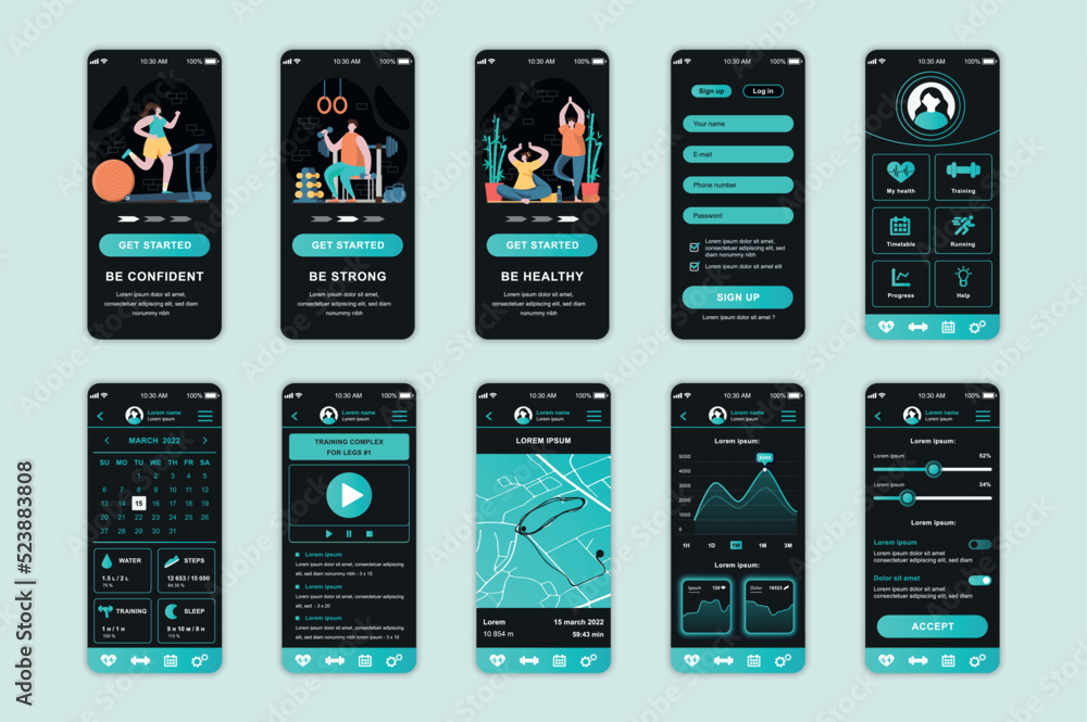 Fitness concept screens set for mobile app template. People doing different  sports and workouts at home and in gym. UI, UX, GUI user interface kit for  smartphone application layouts. Vector design Stock