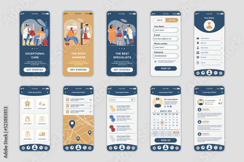 Medicine concept screens set for mobile app template. People choose specialist, make appointment with doctor online. UI, UX, GUI user interface kit for smartphone application layouts. Vector design