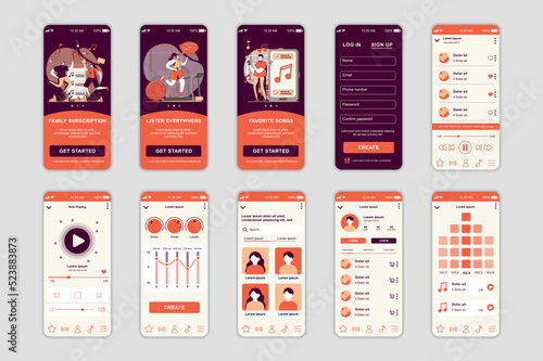 Music concept screens set for mobile app template. People listen to favorite songs playlists, use family subscription. UI, UX, GUI user interface kit for smartphone application layouts. Vector design