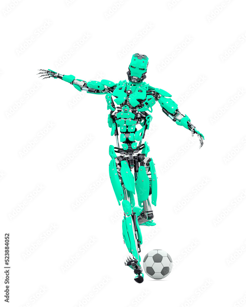 master cyber robot is kicking the football ball master cyber robot is kicking the football ball