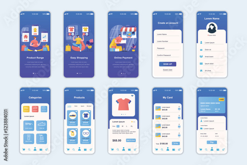Shopping concept screens set for mobile app template. People choose products in shop catalog, order and pay online. UI, UX, GUI user interface kit for smartphone application layouts. Vector design
