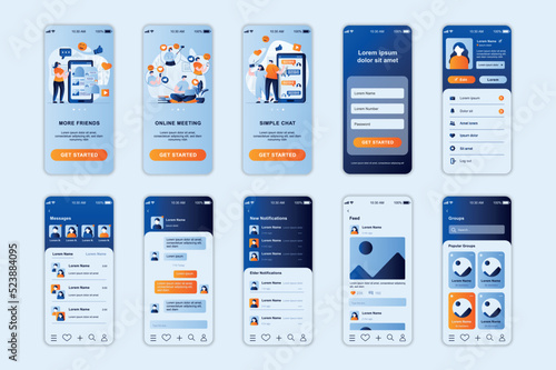 Social network concept screens set for mobile app template. People chat with friends and meet online, post photos. UI, UX, GUI user interface kit for smartphone application layouts. Vector design