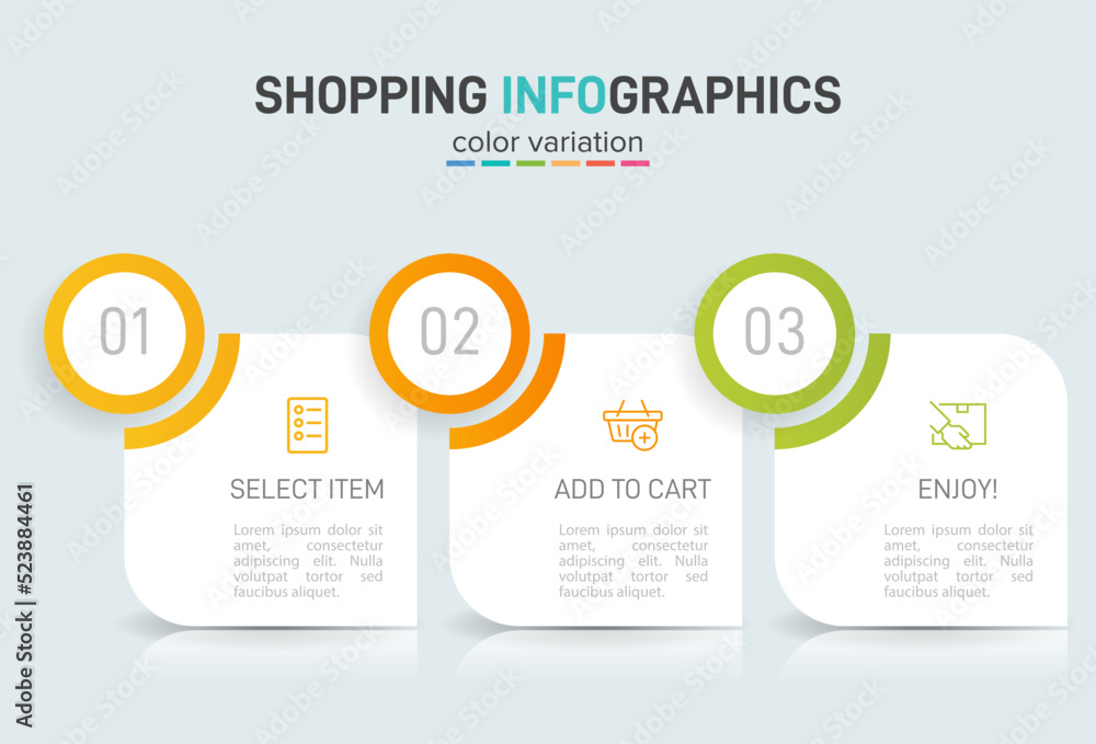 Concept of shopping process with 3 successive steps. Three colorful graphic elements. Timeline design for brochure, presentation, web site. Infographic design layout.