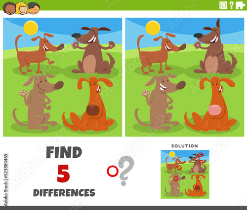 differences game with cartoon dogs animal characters