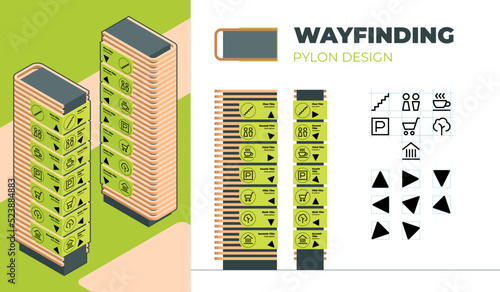 Wayfinding wood pylon design for indoor and outdoor navigation with isometry, front and profile projection with arrows icons and titles.