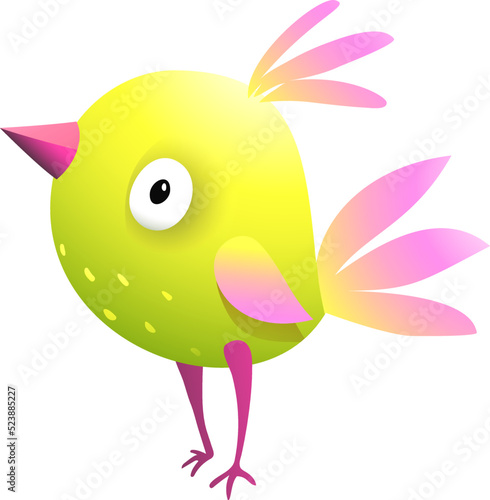 Cute and funny Birdie cartoon for kids. Little yellow bird mascot, funny imaginary character in bright color gradients. Vector animal cartoon.