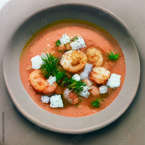Hot Tomato soup with shrimp. Seafood creamy soup with goat cheese, olive powder, wild shrimps on bowl plate at wooden table, top view, close-up. Delicious vegetarian diet food. 
