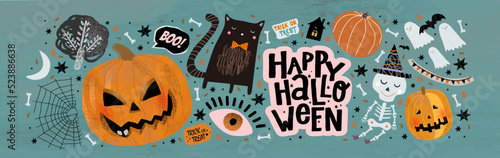 Happy Halloween. Vector cute illustrations of objects: pumpkin head, black cat, funny skeleton, ghosts, eyes for postcard creation