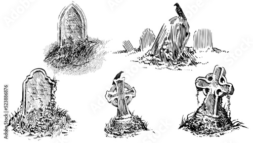 Black and white vintage vector illustrations of crosses and tombs with crows. Cemetery hatch designs for books or Halloween-themed graphic projects.