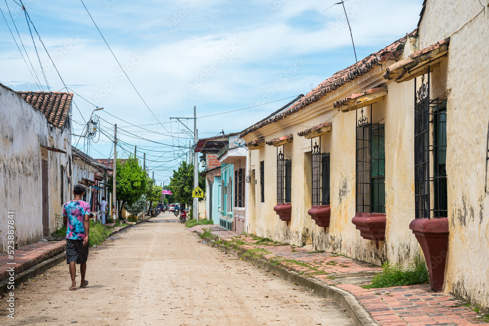 street view of colonial houses  in mompox town, colombia
