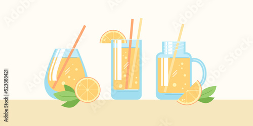 Illustration of summer cocktails with natural juice in various glasses. A set of design elements.