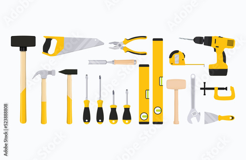Work tools set, Home repair tools, Carpenter tools, Masonry and Carpentry equipments, hand tools for construction