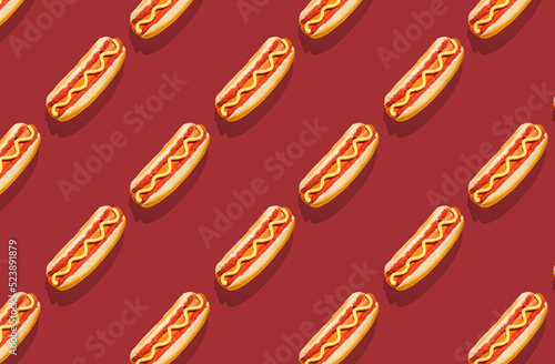 Patter of fresh made hot dogs on red pastel background