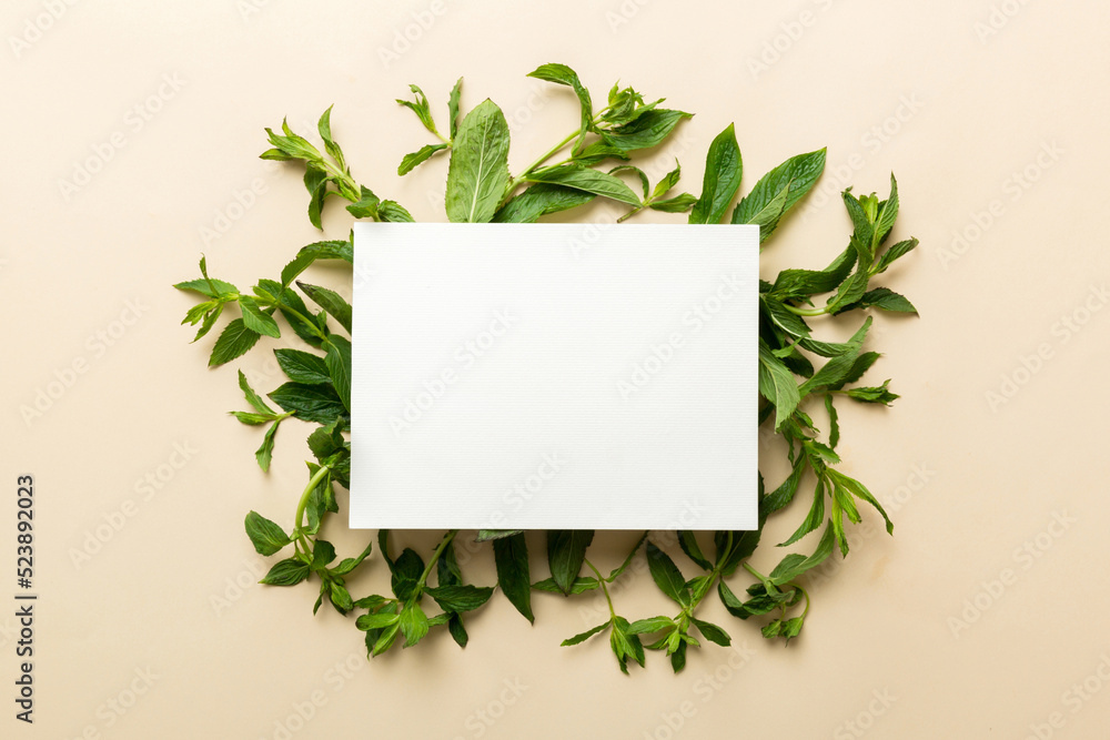 Wreath frame made of empty paper blank with space for text and mint leaves on colored background. . Mint Pattern. Flat lay. Top view Wreath frame made of empty paper blank with space for text and mint leaves on colored background. . Mint Pattern. Flat lay. Top view