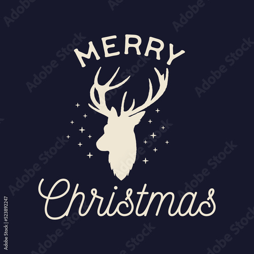 Christmas lettering design on dark background. Holidays quote - Merry Christmas with deer head. Stock vector xmas typography and calligraphy arts for t-shirt printing