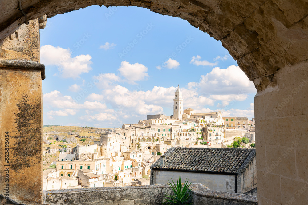 MATERA, ITALY. Panoramic view of the ancient town of Matera (Sassi) in Basilicata. Unesco World Heritage Sites.