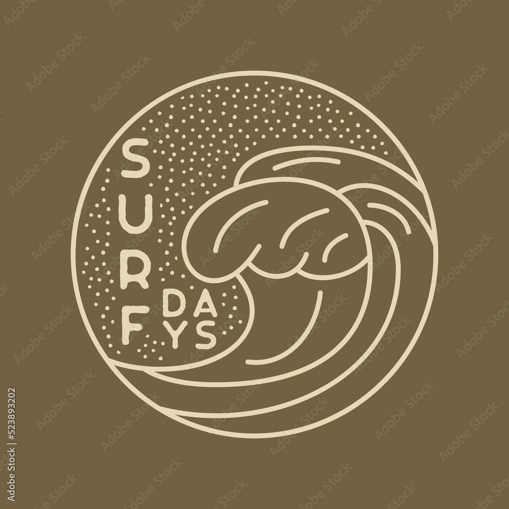 Camping adventure badge design. Outdoor crest logo with surf waves. Travel silhouette label isolated on dark. Stock vector tattoo graphics emblem Camping adventure badge design. Outdoor crest logo with surf waves. Travel silhouette label isolated on dark. Stock vector tattoo graphics emblem