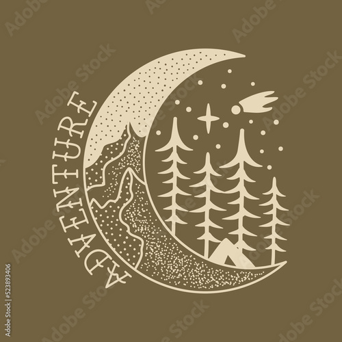 Camping adventure badge design. Outdoor crest logo with mountains inside the moon. Travel silhouette label isolated on dark. Stock vector tattoo graphics emblem