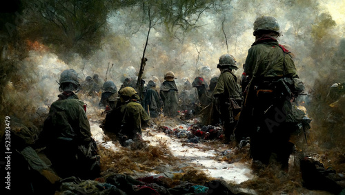 Group of soldiers in uniform on the battlefield