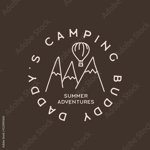 Camping adventure badge design in line art style. Summer outdoors t shirt graphics with quote - Daddy Camping Buddy. Stock vector logo label