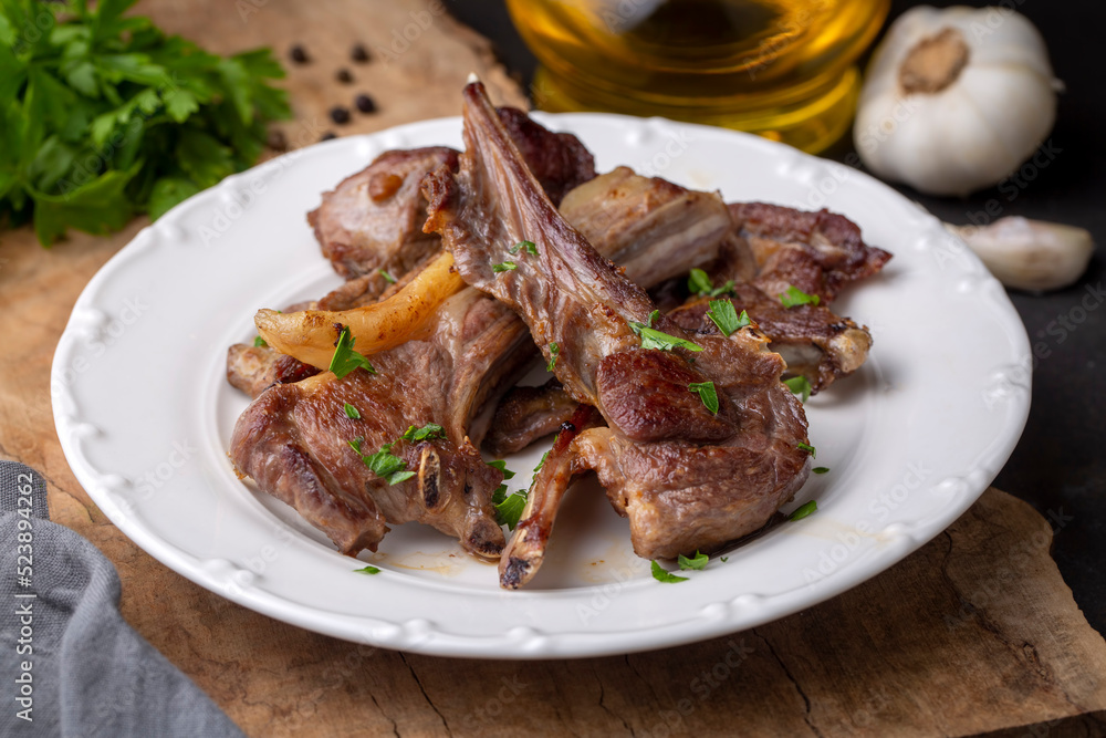 Grilled lamb chops in delicious view, Turkish name; kuzu pirzola