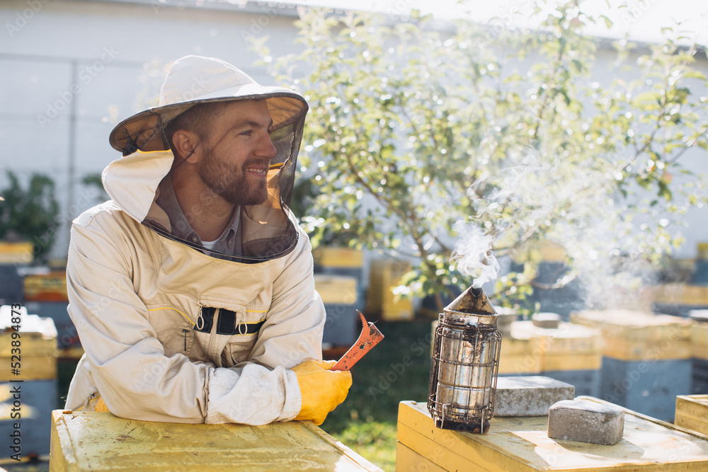 Portrait of a happy male beekeeper working in an apiary near beehives with bees. Collect honey. Beekeeper on apiary. Beekeeping concept. Portrait of a happy male beekeeper working in an apiary near beehives with bees. Collect honey. Beekeeper on apiary. Beekeeping concept.