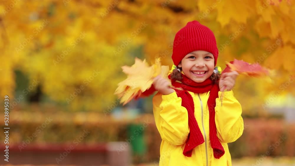 A girl with a wide open smile is playing with red leaves in an autumn park. A girl with a wide open smile is playing with red leaves in an autumn park.