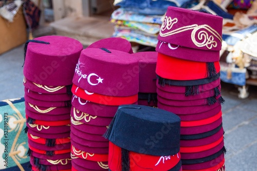 Closeup of Turkish Fez hats in a market photo