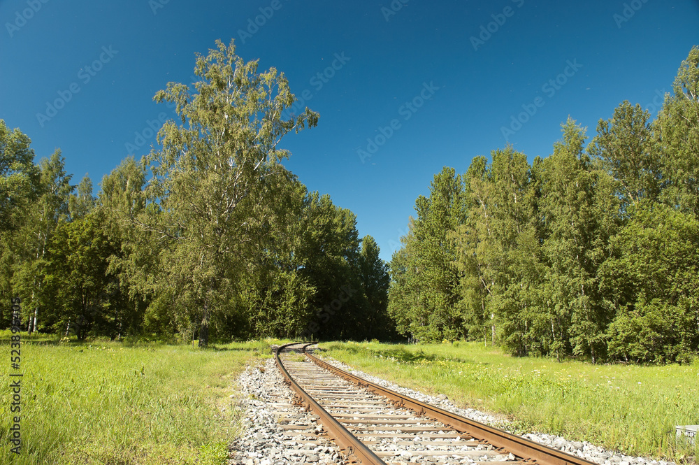 a single-track old railway in a green forest against a blue sky