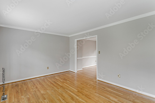 empty room with window grey walls hardwood floors white frame doorway