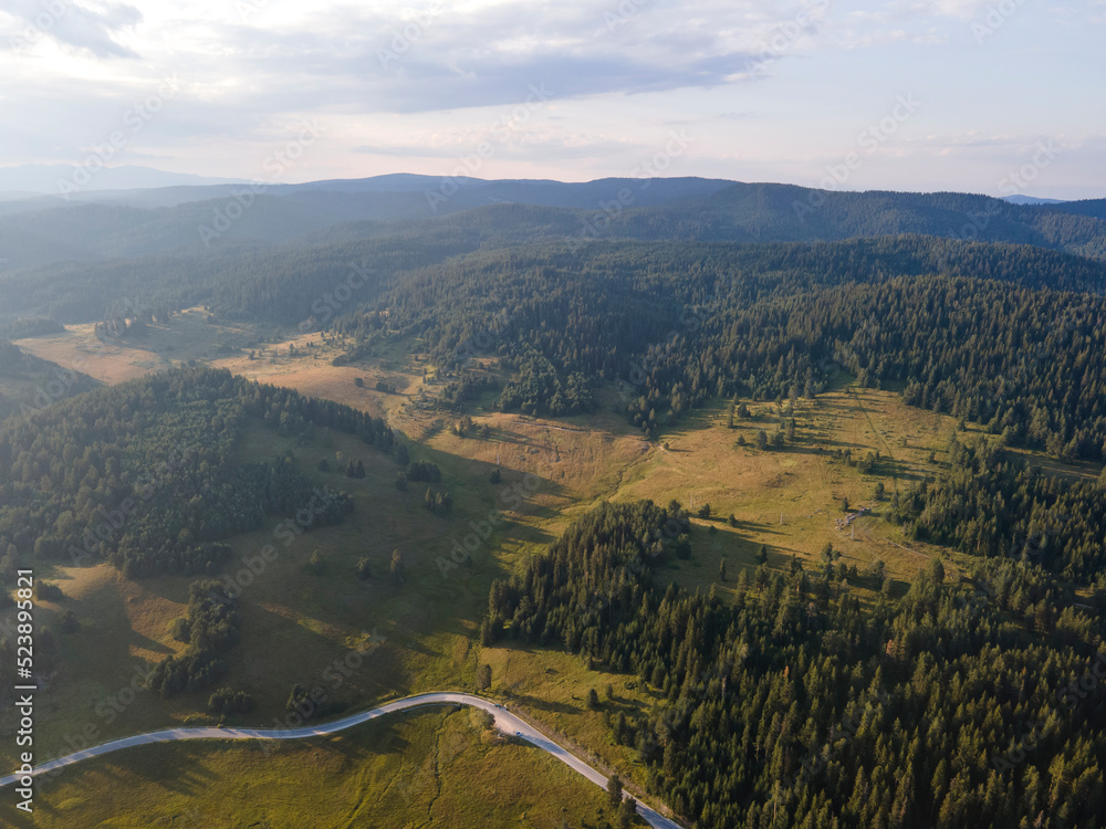 Aerial Sunset view of  Rhodopes Mountains, Bulgaria