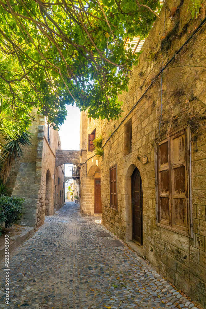 Stone street of the historic center of the city of Rhodes, Greece, Europe.